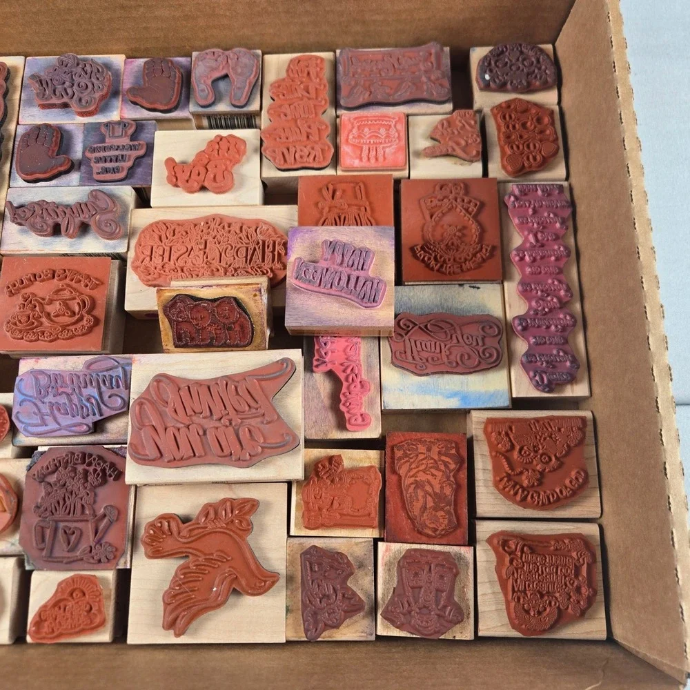 Vintage Wood Mounted Rubber Stamps Lot 40+ Baby Wedding Holiday Sentiments